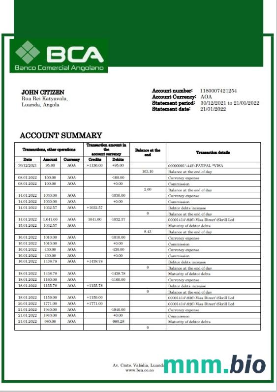 Angola Banco Comercial Angolano wyciąg bankowy xls